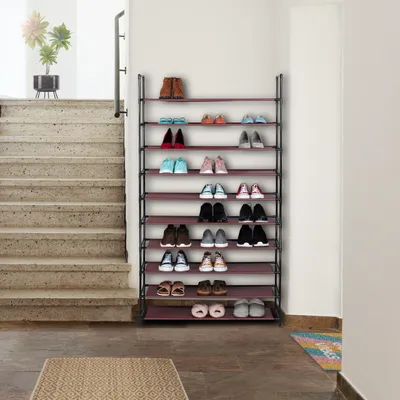 Produktbild von Relaxdays XXL Schuhregal Stecksystem, 10 Ebenen, für 50 Paar Schuhe, Stoff Schuhständer HBT 176,5x99x29,5 cm, bordeaux
