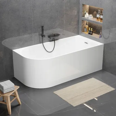 Produktbild von Corciano Vorwandbadewanne Pula Rechts 160x75 cm Weiß | Eckbadewanne wandbündig | Asymmetrische Acrylwanne inkl. Ablauf nach Farbwahl