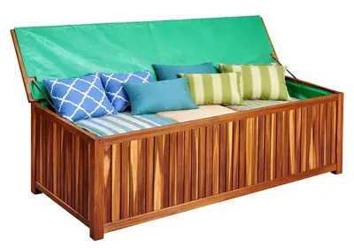 Productafbeelding van Relaxdays tuinkist, zitkussen, gereedschap, 60x115x50 cm, acaciahout, waterdichte binnenvoering, geschikt voor balkon, tuinkist, natuurlijke uitstraling