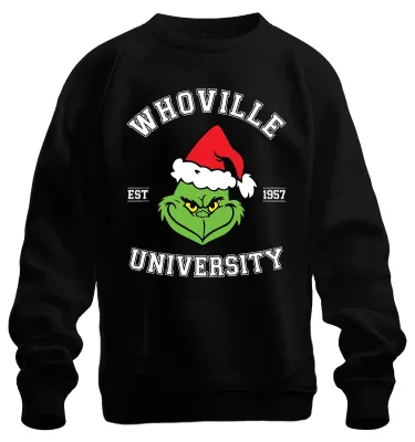 Productafbeelding van WHOVILLE UNIVERSITEIT, Grinch, Kerst, Grappig Cadeau, 1957, Retro, Uni, Sweater, Zwart, XL