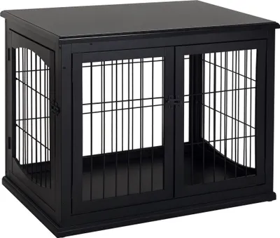 Zdjęcie produktu dla Klatka dla psa PawHut z 2 wejściami, nowoczesna, MDF, do użytku domowego, buda dla psa średniego i małego do 20 kg, 58,5 x 81 x 66 cm, czarna