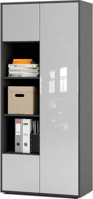 Produktbild von SIMPLYFURN Büroschrank Amira T30, Schrank mit drei offenen Fächern, Anthrazit & Weiß Hochglanz, Push-to-Open, 180x80x40 cm, Aktenschrank für Büro und Homeoffice