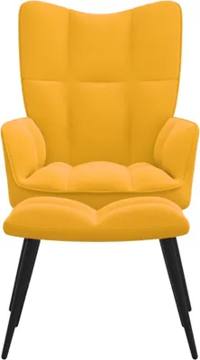 A yellow velvet armchair with a matching ottoman and black legs, shown from the front against a white background.