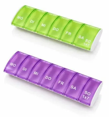 Immagine prodotto di 2 contenitori per pillole da 7 giorni, dosatore per farmaci, contenitore per medicinali, senza BPA, verde/viola