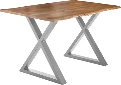 Produktbild von Esstisch Baumkante massiv Akazie natur 140 x 80 silber X-Gestell LUBIN