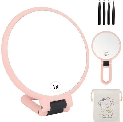 Obrázek produktu pro Kosmetické zrcadlo 15x/1x, růžové, sklopné, oboustranné, s rukojetí