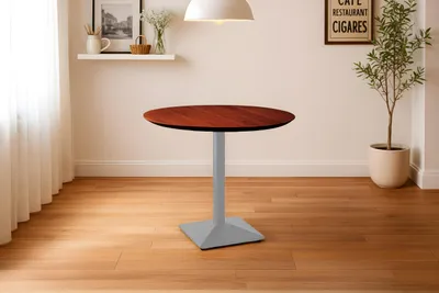 Produktbild von Bistrotisch Brasilia | 90 x 90 cm rund | Akazienholz massiv | Farbe: Nussbaum | Schweizer Kante | Säulenfuß Metall Silber | pflegeleichter Küchentisch/Kleiner Esstisch/runder Säulentisch