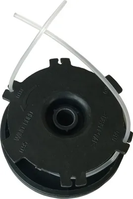 A black string trimmer spool with clear trimmer line on a white background.