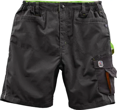 A pair of black work shorts with green accents.