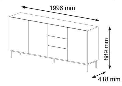 Zdjęcie produktu dla Komoda RAVENNA szer. 200 cm rama 3D3S BIAŁY MAT / BIAŁY MAT Kredens MDF 3 drzwi 3 szuflady na metalowych nóżkach Złota lub czarna metalowa rama Szafka wysoka otwarte półki Bufet z frezowanymi frontami