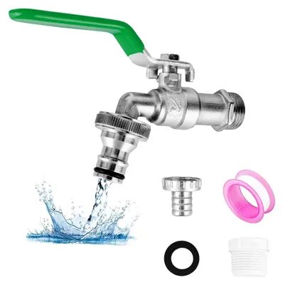 Produktbild von Gartenwasserhahn 1/2 Zoll aus Messing, rost- und frostsicher, mit 2 Schlauchanschlüssen, 1 Rollendichtband, absperrbarem Tropffreien Wasserhahn für den Außenbereich