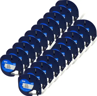 Produktbild von DULA-Etikettenband - Kompatibel mit Dymo LetraTag 91201 / S0721610 - 20 Stück - Schwarz auf weißem Kunststoff - 12mm x 4m
