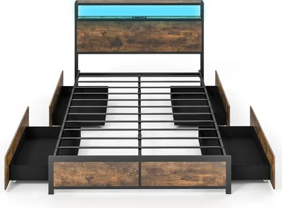 Zdjęcie produktu dla Łóżko do przechowywania COSTWAY 200x140cm, podwójne łóżko z LED, stacja ładująca, 4 szuflady, zagłówek i rama z listew, rama łóżka do 300kg