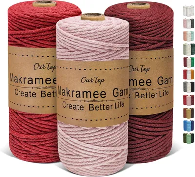 Produktbild von Makramee Schnur 3 mm, 100 m, Set mit 3 Farben, Rosa, Rot, Bordeaux