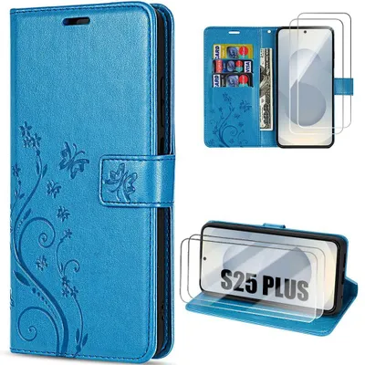 Image de Coque + 2 Verres Trempés pour Samsung Galaxy S25 Plus (S25+) Protection Antichoc Synthécuir Bleu Motif Floral Papillon
