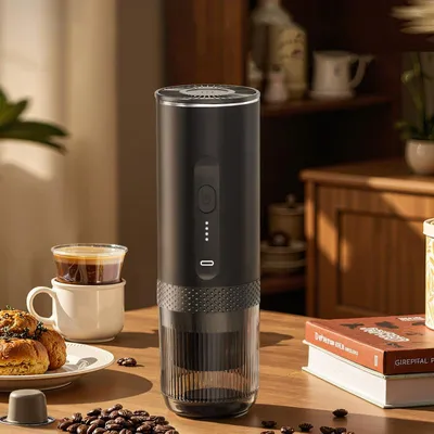 Produktbild von Tragbare Kaffeemaschine, 7500mAh Batterie, 80ml Wassertankkapazität, 92°C Extraktionstemperatur, 20Bar Pumpendruck, kompatibel mit Kapseln und Kaffeepulver