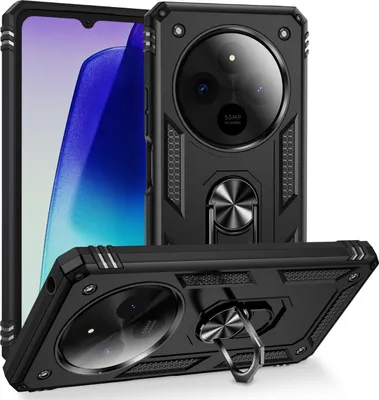 Obrázek produktu pro Pouzdro pro Xiaomi Redmi 14C dvouvrstvé robustní, vojenská ochrana pouzdro s držákem prstenu a stojánkem černé