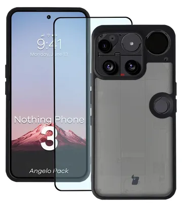 Produktbild von Schutzhülle + gehärtetem Glas für Nothing Phone (3), Bizon Angelo Pack, Getönte mit schwarzem Rahmen