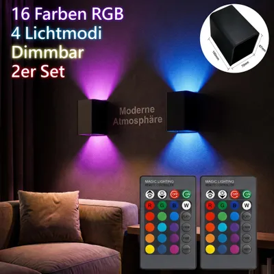 Produktbild von 2er Set RGB LED Wandleuchte Innen, Farbwechselnde Wandlampe mit Fernbedienung, 16 Farben, Dimmbar, Up Down Wandlicht, Ambientebeleuchtung für Wohnzimm