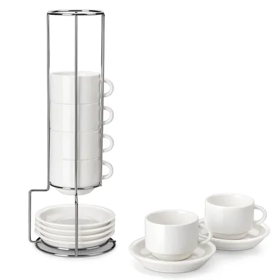 Produktbild von MALACASA 6-tlg Tassen Set, Porzellan Kaffeetasse Set, Becher mit Unterteller, Metallständer, 270ml, Weiß