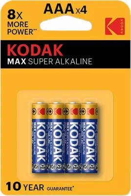 A blister pack of Kodak Max Super Alkaline AAA batteries.