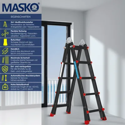 Produktbild von MASKO® Aluleiter Mehrzweckleiter 5,10m 4x5 Sprossen Teleskopleiter ✓ Multifunktionsleiter ✓ Aluleiter ✓ Klappleiter ✓ Anlegeleiter ✓ Bockleiter ✓ Schiebeleiter ✓ beidseitige Steh und Treppenleiter