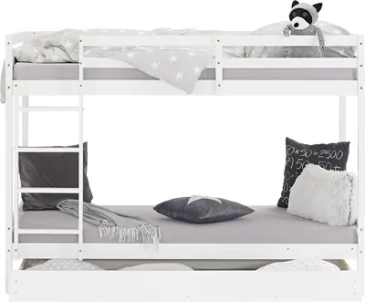 Obrázek produktu pro Homestyle4u Palandy 90x200, patrové postele s ochrannou zábranou proti vypadnutí, dětská postel v bílé barvě s úložným prostorem a roštem