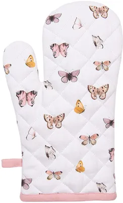 Produktbild von Unyqoos® Clayre & Eef Ofenhandschuh 18x30 cm, Baumwolle, Beige‑Rosa Schmetterlingsdesign, hitzebeständig, mit Aufhängeschlaufe