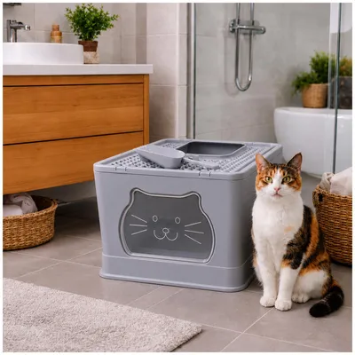 Produktbild von Katzentoilette geschlossen grau mit Schaufel