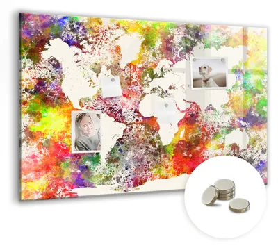 Produktbild von Dekorative Magnettafel 90x60 cm - Magnetwand - für Fotos, Karten und Notizen - Fotowand - Memoboard - Magnetpinnwand - Wanddekoration - Aquarell-Weltkarte