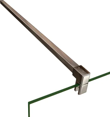 A metal bar attached to a green glass rod, likely a shower enclosure stabilizer.