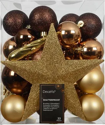 Immagine prodotto di Decorazioni natalizie in plastica per albero di Natale, infrangibili Ø 5, 6, 8 cm oro-marrone 33 pezzi