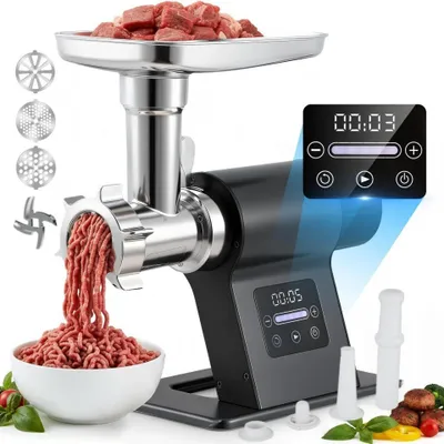 Produktbild von 3200W Elektrischer Fleischwolf, 5 in1 Multi Küchenmaschine, Auto-Reverse, LED-Touchdisplay, Wurstmaschine mit 3 Lochscheiben, 4 Kegel-Klingen, grau