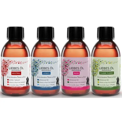 Zdjęcie produktu dla MakeLove Massage Oil Love Oil Set: 5 x 250 ml (neutralny, różany, jaśminowy, kokosowy i ylang-ylang) do masażu erotycznego | masażu partnerskiego | tantry