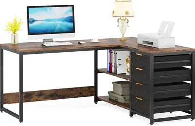 Produktbild von L-förmiger Schreibtisch mit 59 Zoll und Schubladen, großer Computertisch mit Ablagefächern, umkehrbarer Eckschreibtisch für das Homeoffice