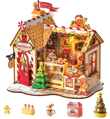 Produktbild von Lebkuchenhaus - DIY-Miniaturbausatz - Weihnachtsdekoration - Lasergeschnittenes Holz - Mit Beleuchtung - Maßstab 1:18 - 250 Teile - Ab 14 Jahren