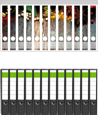 Produktbild von Wallario 12 Stück schmale Ordner inkl. Klebeetiketten mit Motive Gewürze auf Holz - uriger Holztisch in der Küche -  Set mit Rückenschildern / Ordnerrücken Stickern