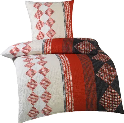 Produktbild von Seersucker Bettwäsche 135x200 +80x80 cm, rot schwarz weiß Karo/Streifen, bügelfrei