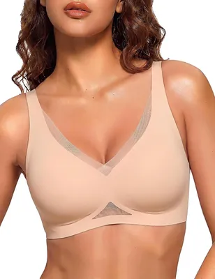 Produktbild von BH für Damen, ohne Bügel, aus Nylon und Elasthan, nahtlose Verarbeitung, tiefes V-Ausschnitt und Push-Up-Effekt
