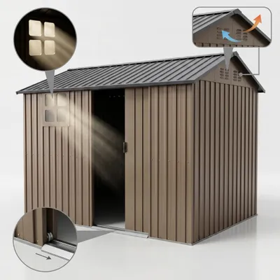 Produktbild von Gerätehaus Metall Gartenhaus 255x184x194cm verzinkter Stahl, rostfrei, wetterfest mit Schiebetür, Fenster & Lüftung