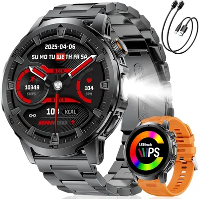 Herren Smartwatch mit Anrufen, 1,85" HD Display, 1000mAh Akku & LED-Taschenlampe, 100+ Sportmodi, IP68 Wasserdicht, Herzfrequenz & Schlafmonitor