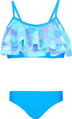 Produktbild von Aquarti Mädchen Bikini Set Bustier Bikinislip Zweiteiliger Badeanzug, Farbe: 030G mit Rüschen / Meerjungfrau Blau / Grün / Violett, Größe: 134