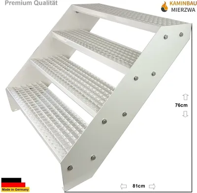 Obrázek produktu pro Mřížové ocelové příčkové schodiště 4 stupně pozinkované a bíle práškově lakované - (d x š x v) 82 cm x 120 cm x 76 cm