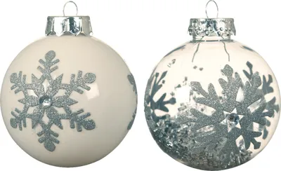 Produktbild von Weihnachtskugeln Kunststoff 8cm Schneeflocken 12er Set - Weiß / Klar