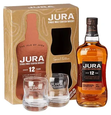 Produktbild von Jura 12 Years Old Single Malt Scotch Whisky 40% Vol. 0,7l in Geschenkbox mit 2 Gläsern