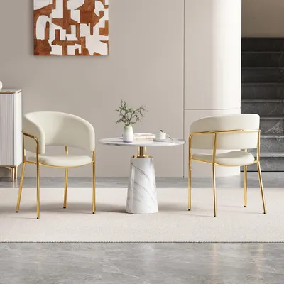 Immagine prodotto di Set di 2 sedie per sala da pranzo Merax, sedia moderna per sala da pranzo con gambe dorate, bracciolo, sedia imbottita in tessuto di corda, sedie da cucina, piedini regolabili, beige