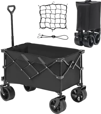 Obrázok produktu pre SucceBuy Skladací ručný vozík z, 150 l plážový vozík s terénnymi kolesami, robustný skladací vozík, nosnosť 120 kg, s držiakmi na poháre, športový vozík na kempovanie, nákupy, záhradkárčenie
