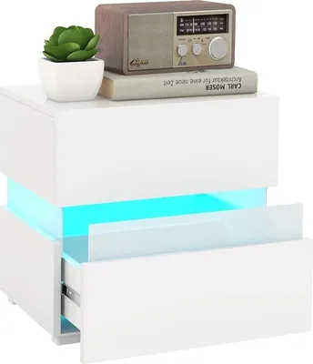 Produktbild von Nachttisch mit farbigem LED-Licht & 22 dynamischen Modi & 5 Helligkeitsstufen & Fernbedienung, Beistelltisch mit 2 Schubladen, 45 x 35 x 45 cm, Weiß