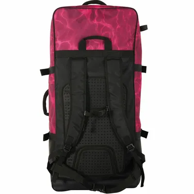 The back of a pink and black backpack.