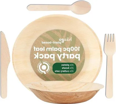 Produktbild von Famanu Palmblatt Geschirrset & Holzbesteck Set - 20 runde Teller - 20 runde Schalen - 20 Messer - 20 Gabeln - 20 Löffel - Biologisch abbaubar -